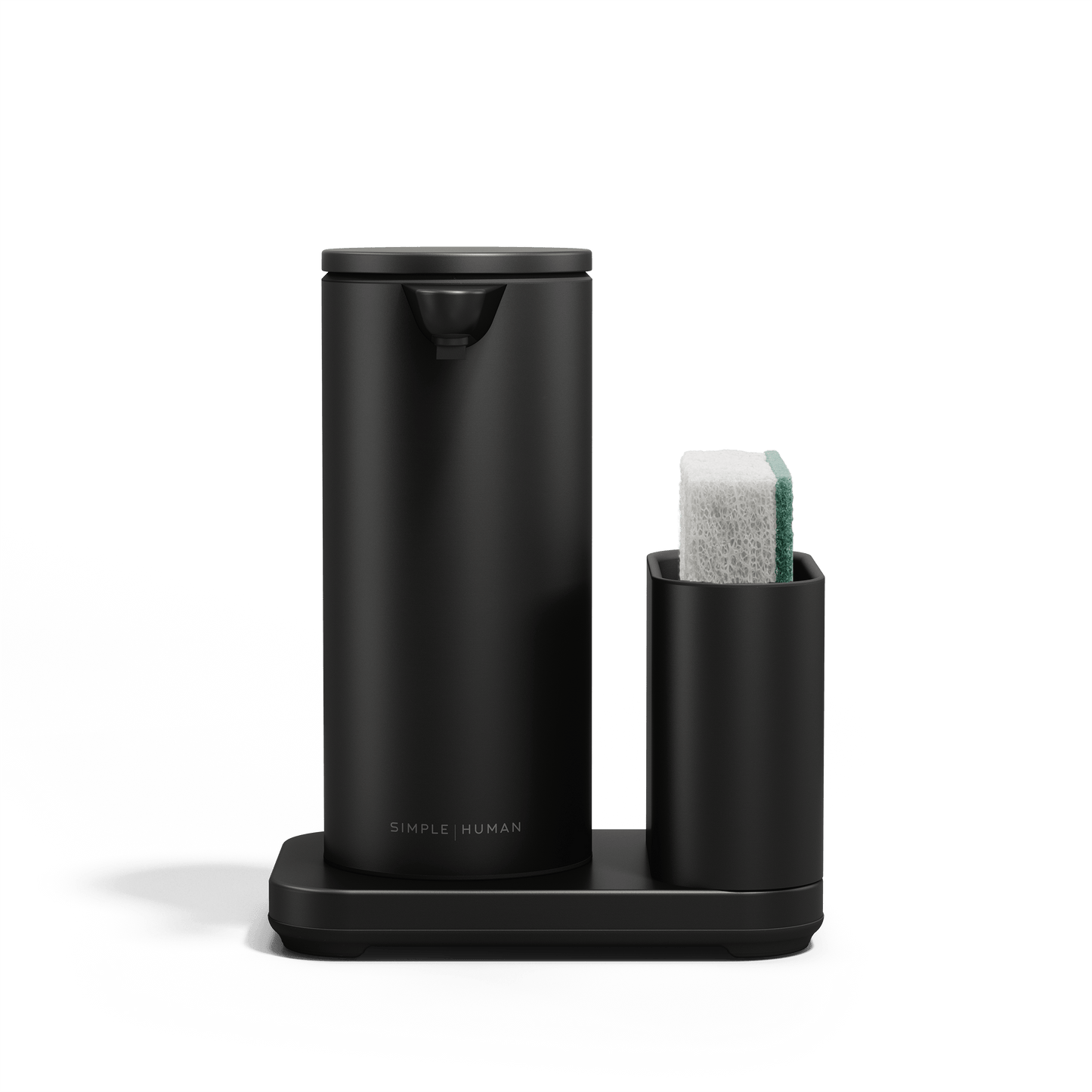 Simplehuman Matte Black 9 oz Sensor Pump with Caddy, touch-free soap dispenser and integrated sponge holder.