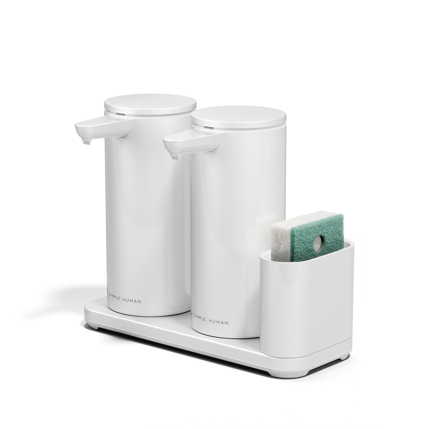 Angled view: Simplehuman White Dual Sensor Pump 14 oz. with Caddy, rechargeable and twin touch-free dispensers.