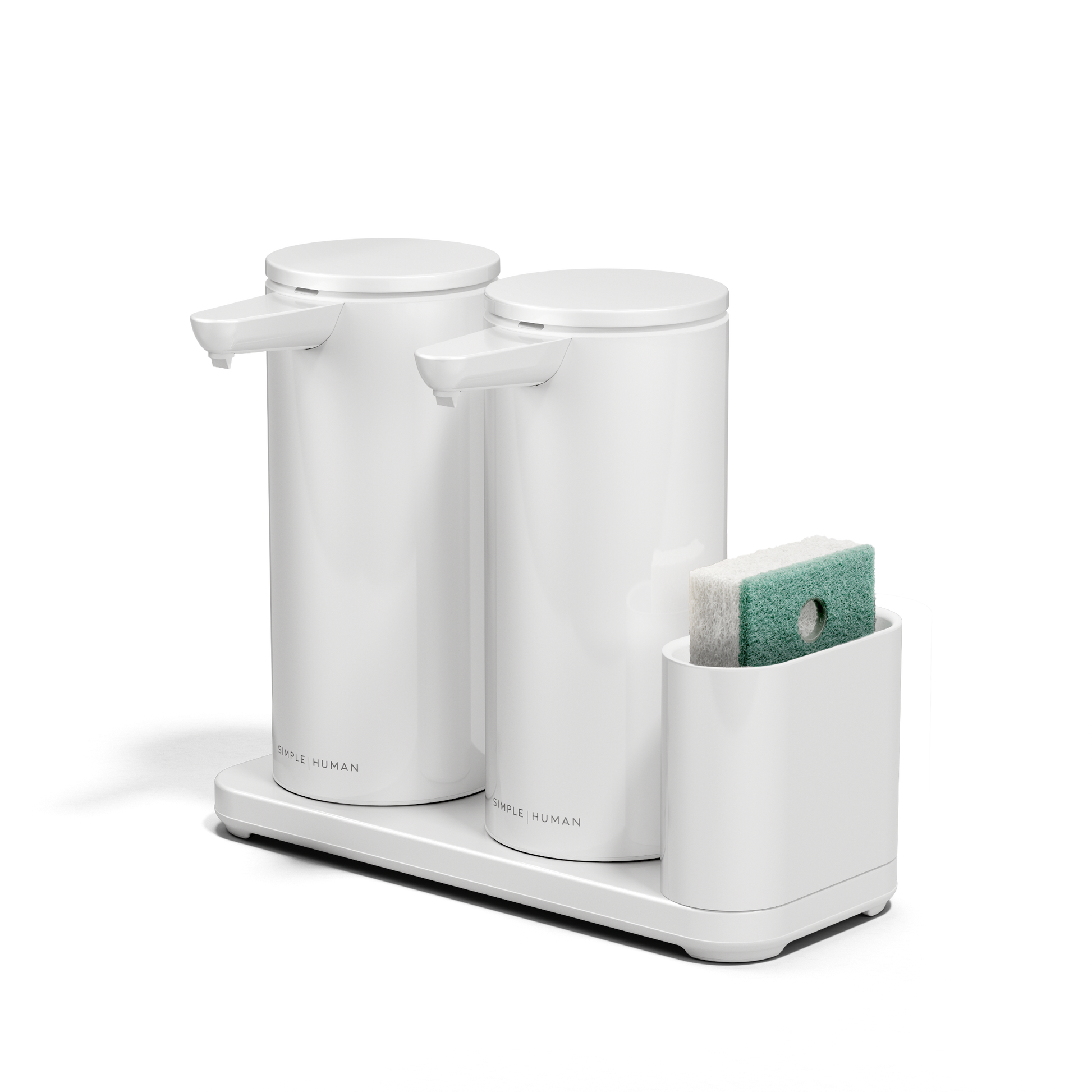 Angled view: Simplehuman White Dual Sensor Pump 14 oz. with Caddy, rechargeable and twin touch-free dispensers.